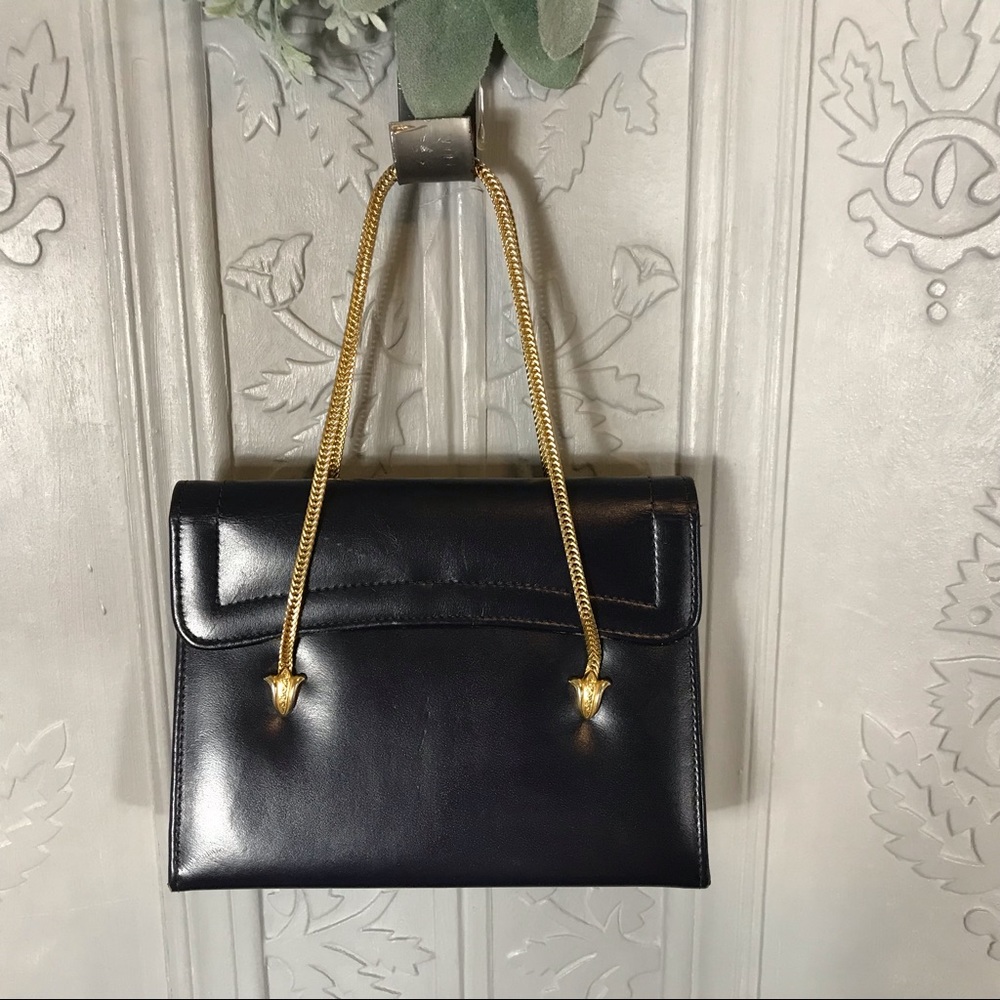 Vintage Small Navy Blue Leather Purse with Accent Gold Chain Straps